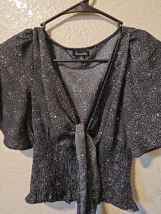 Camilla Tops - Camilla Black with White Speckle Tie-Front Smocked Top